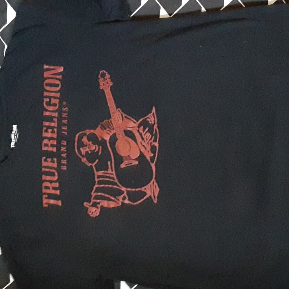 TRUE RELIGION BLACK TEE SHIRT WITH RED WRITING, SIZE LARGE UNISEX - Picture 1 of 5